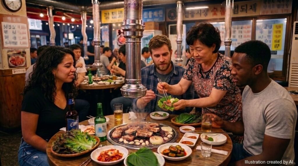 A heartwarming scene in a Korean BBQ restaurant where international friends learn how to make a lettuce wrap (ssam) from a friendly Korean woman (AI-generated image)